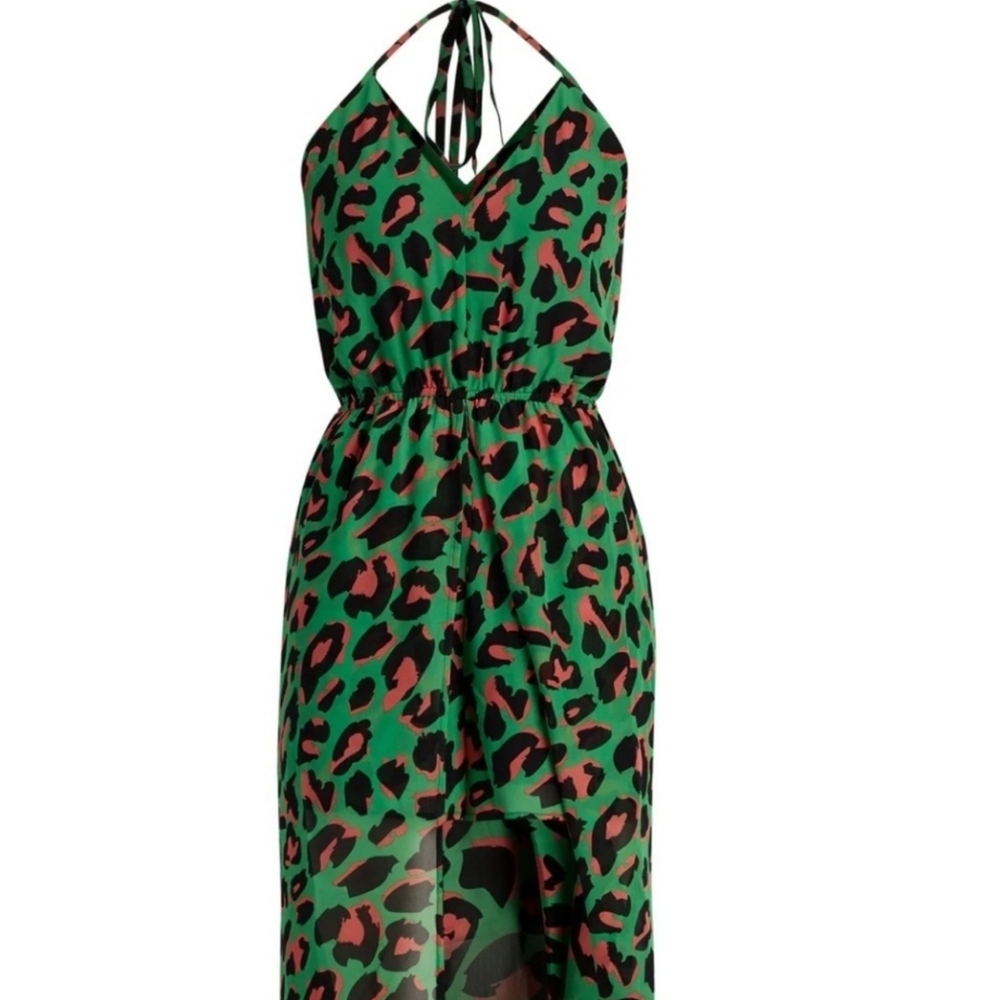 Green Leopard Print Halter Dress